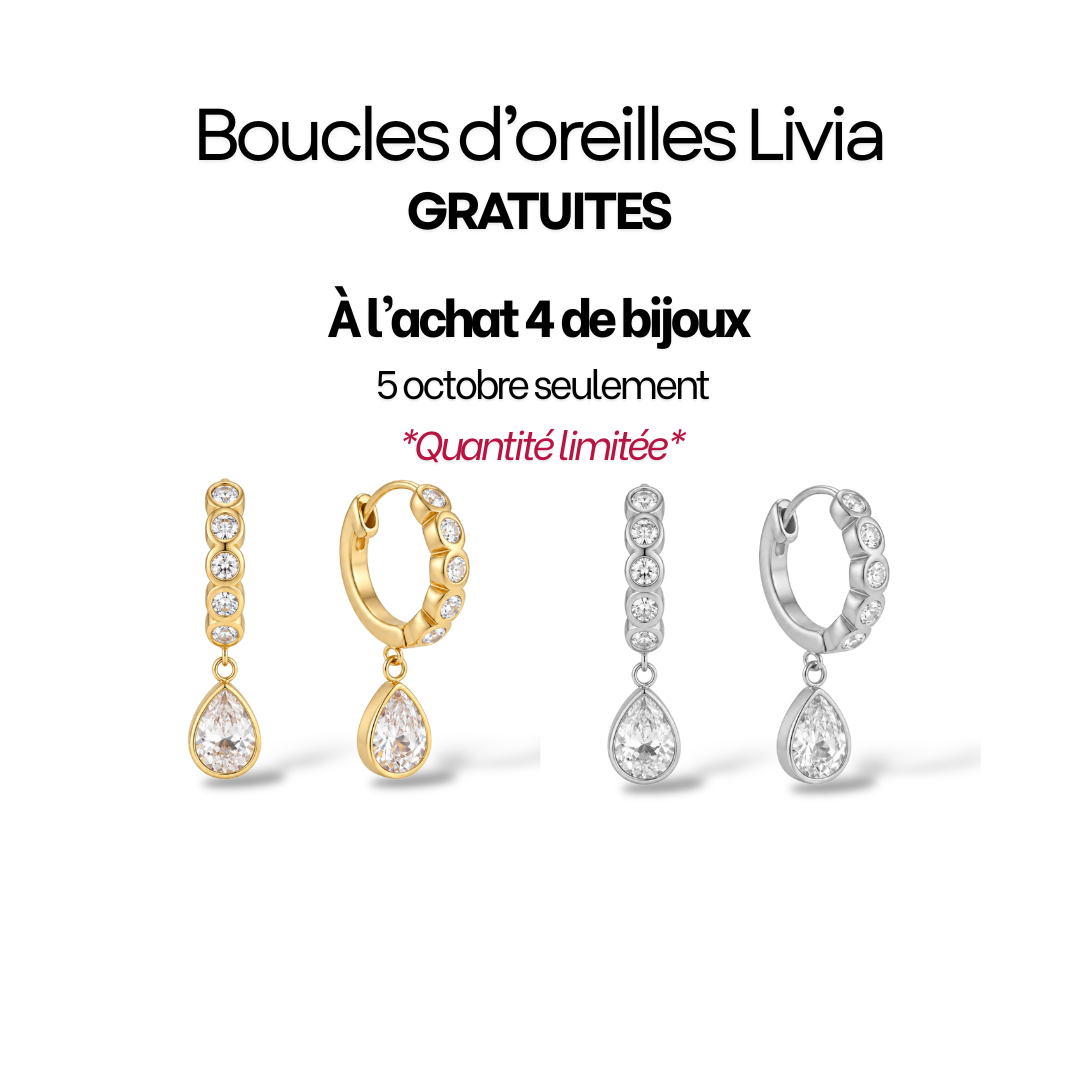 đ Boucles d'oreilles Livia GRATUITES - 5 octobre - Ă L'ACHAT DE 4 BIJOUX