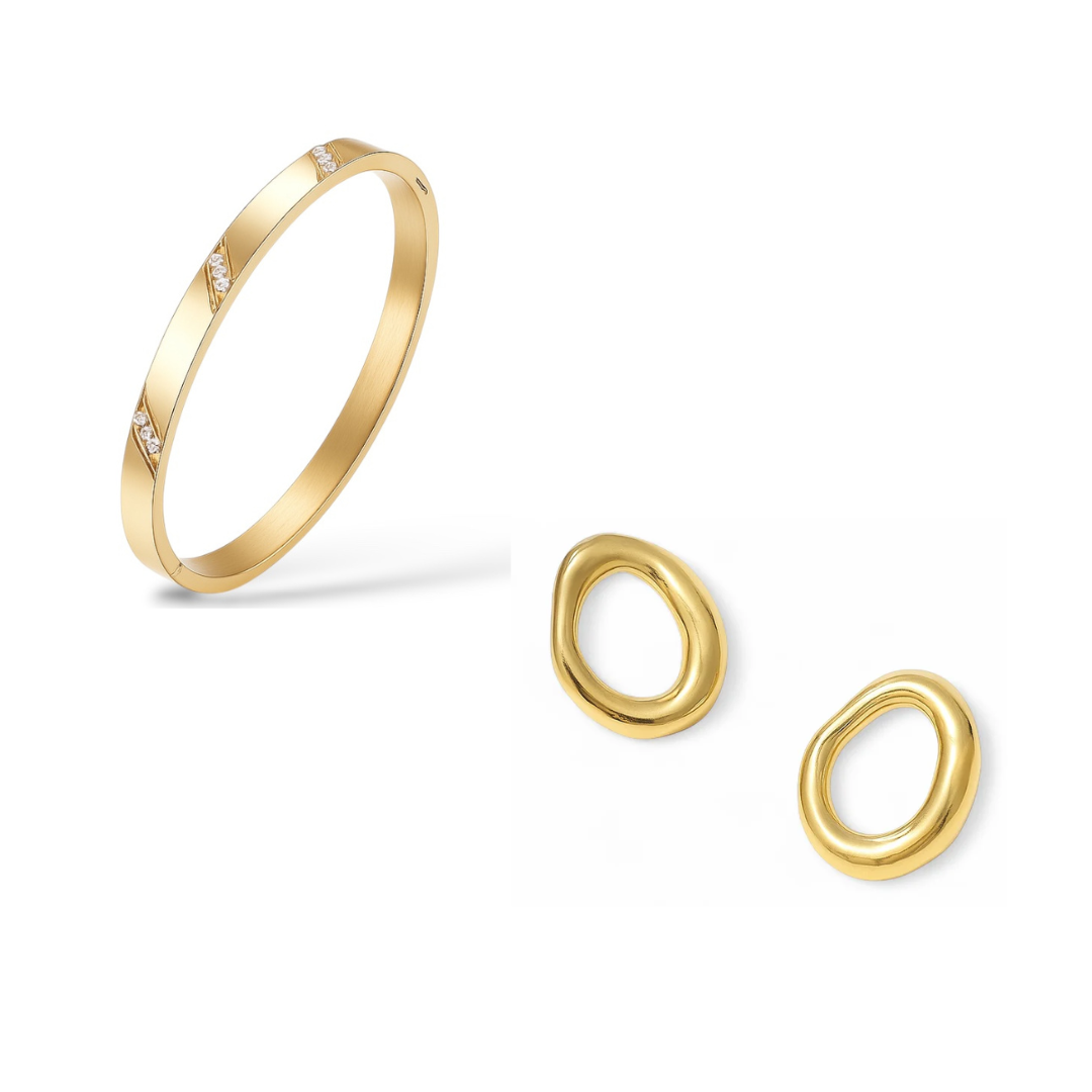Boucles d'oreilles Pure et bracelet bangle Bliss or
